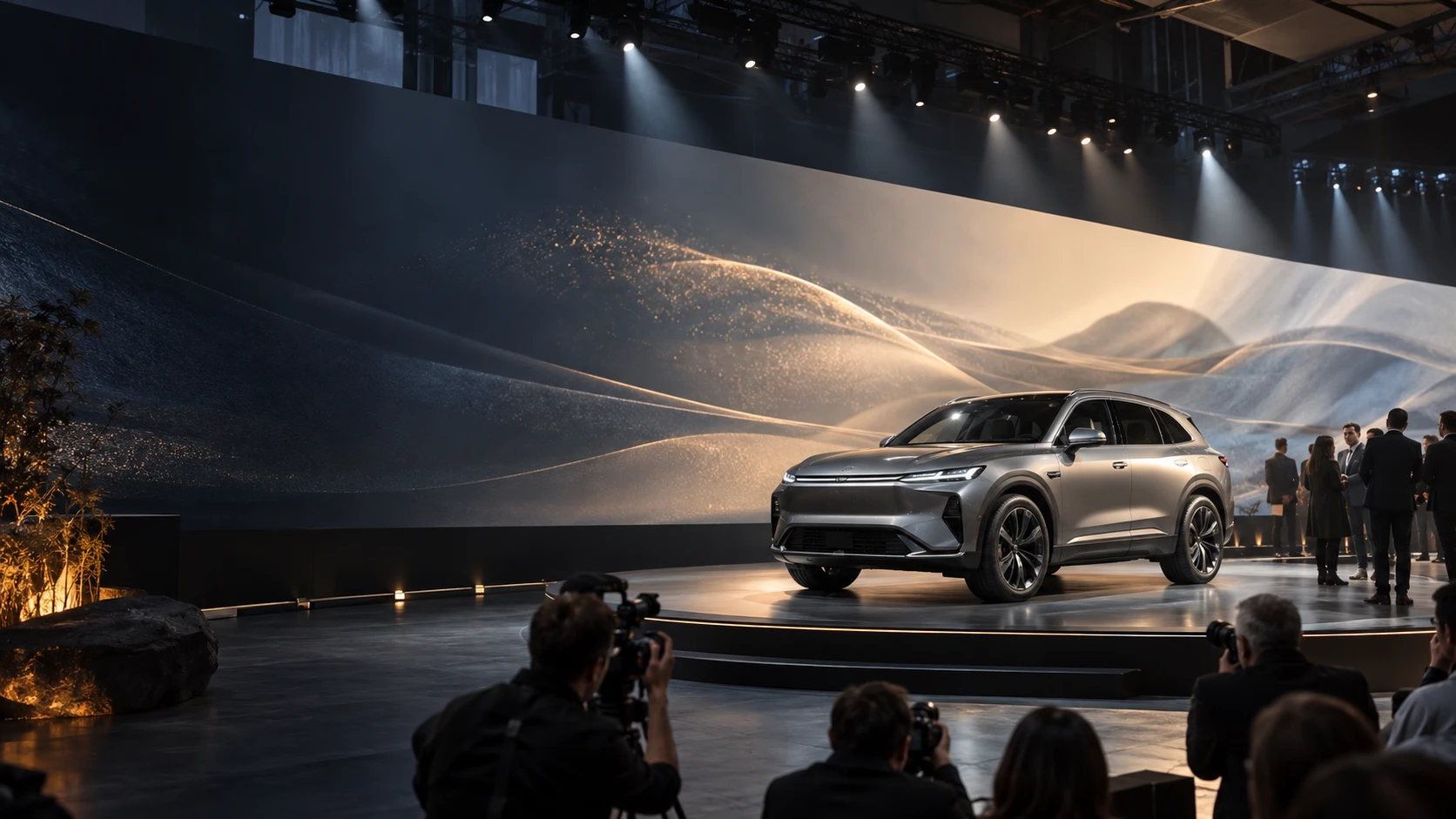 Automotive launch stage with a vehicle and event guests